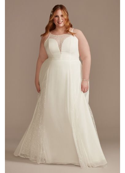 High Neck Lace Godet Plus Size Wedding Dress - Beautiful illusion floral lace adds unexpected allure to